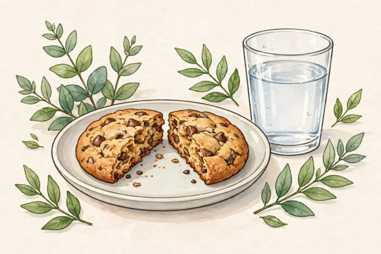 Illustration of a cookie broken in half beside a glass of water
