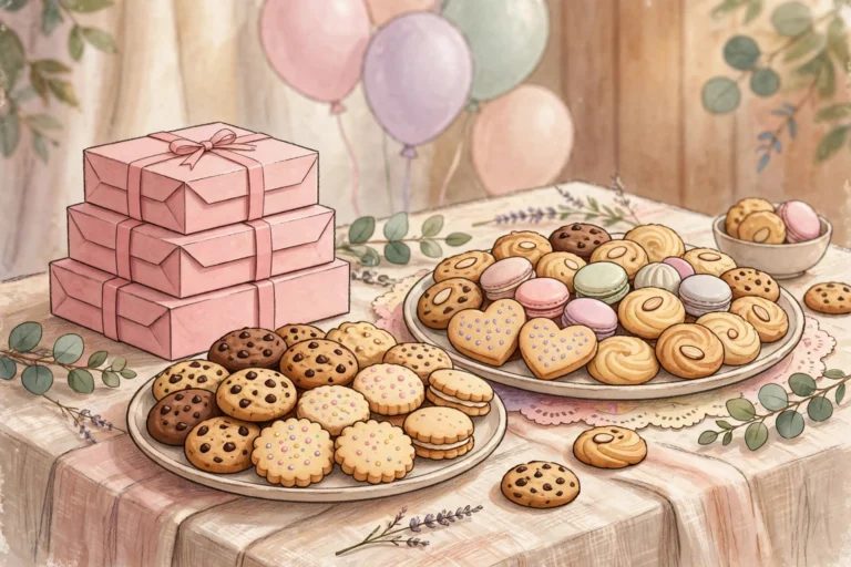 Illustration of a party table with stacked cookie boxes and platters