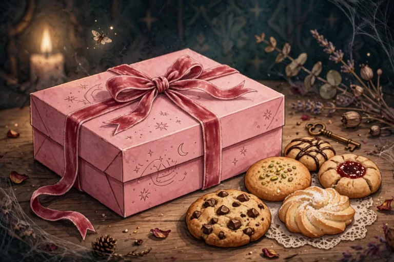 Illustration of a closed pink cookie box tied with a ribbon beside assorted cookies