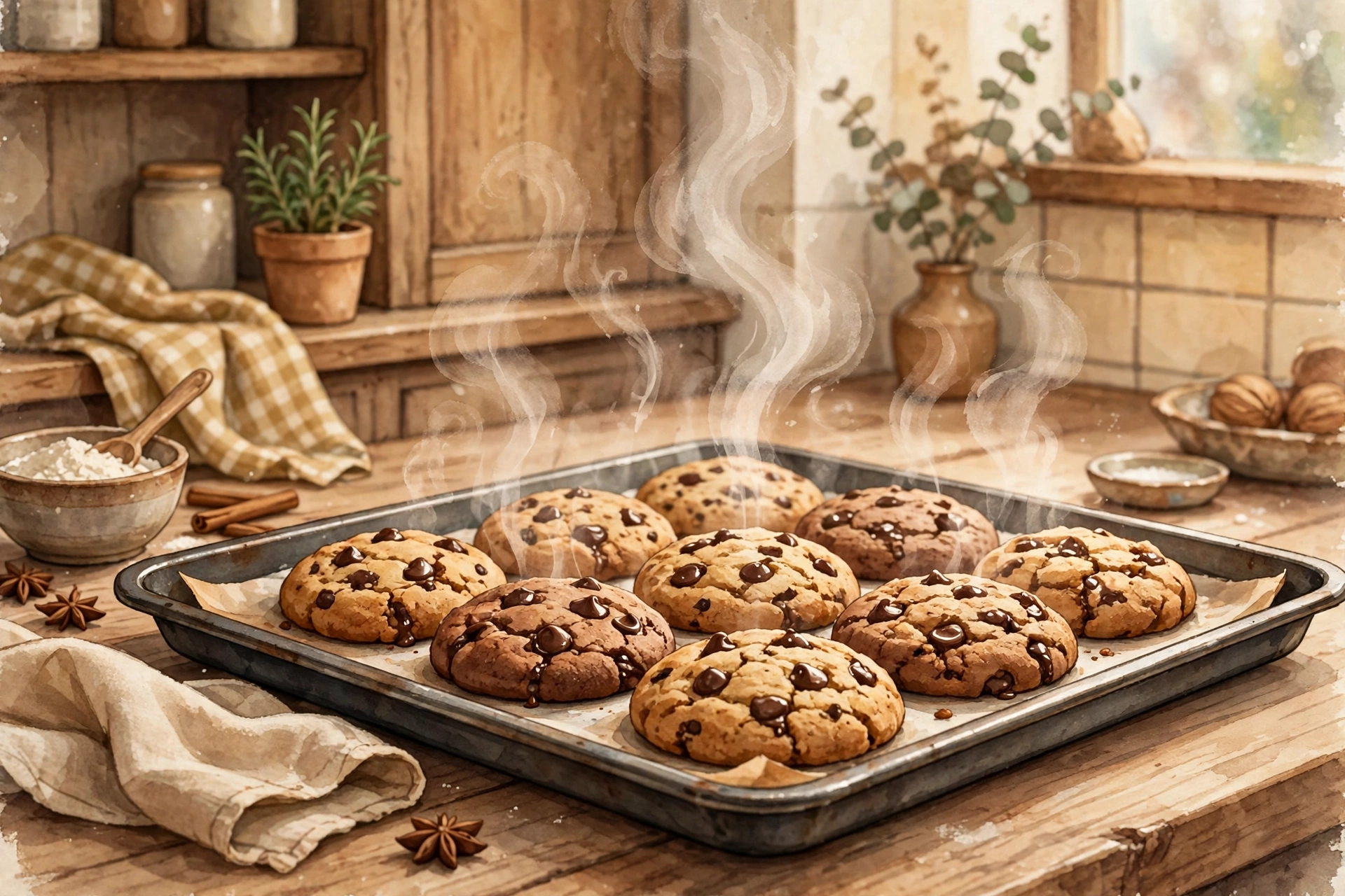 Illustration of steaming cookies on a baking tray in a kitchen